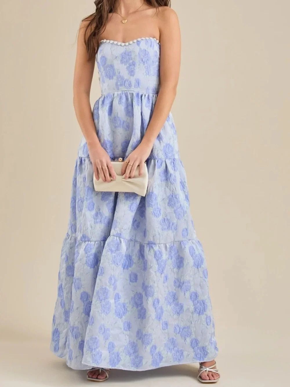 ALTARD STATE Skye Blue Floral Tiered Strapless Pearl Trim Maxi Dress SIZE XXS